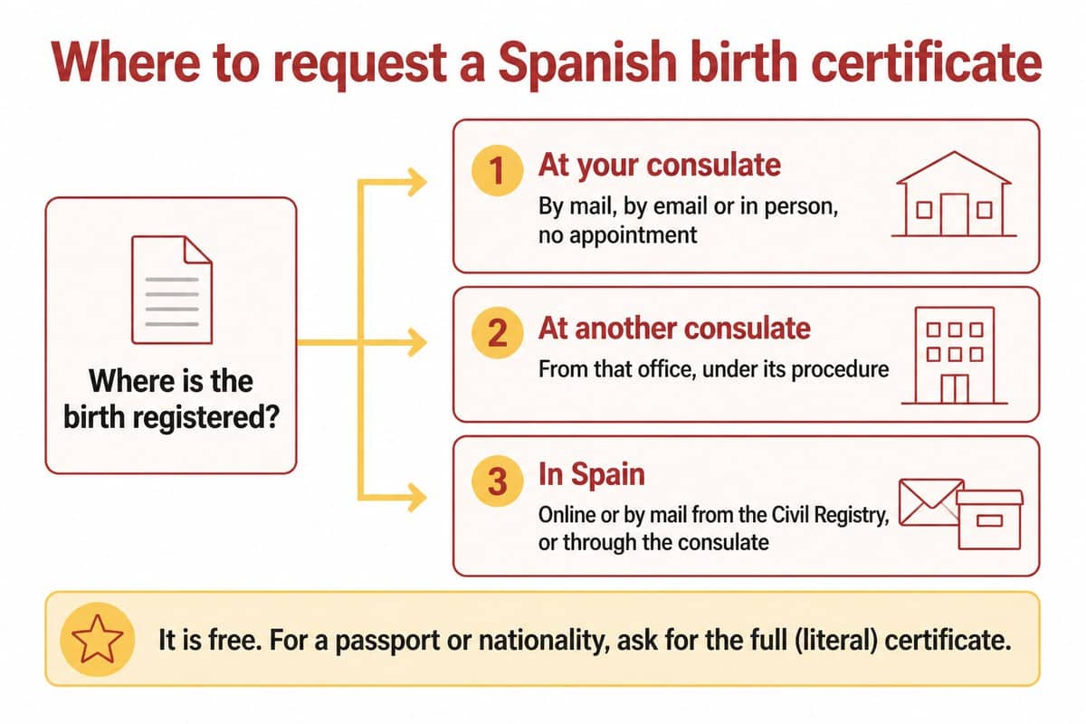 Where to request a Spanish birth certificate: At your consulate; At another consulate; In Spain