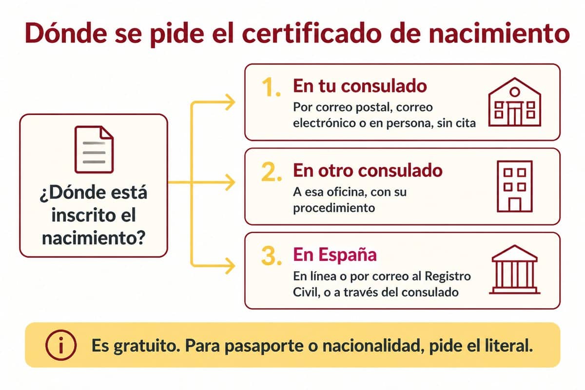 Dónde se pide el certificado de nacimiento: En tu consulado; En otro consulado; En España