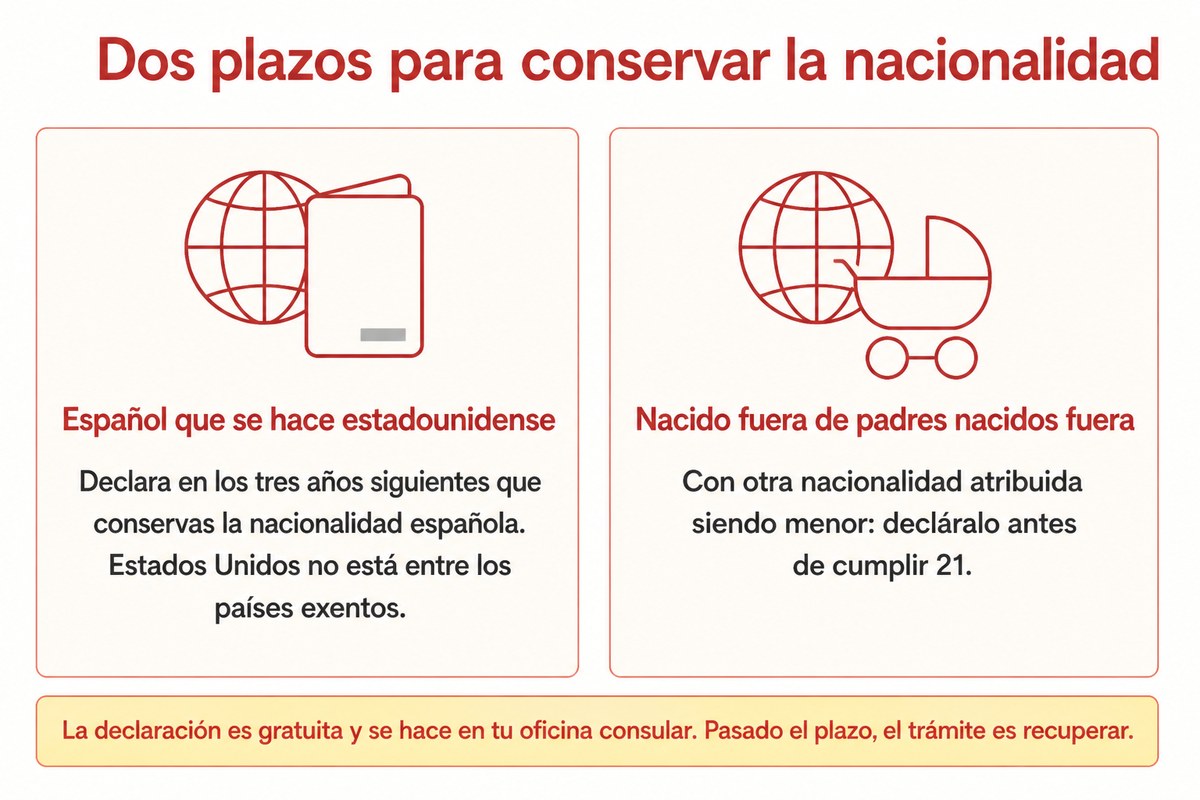 Dos plazos para conservar la nacionalidad: Español que se hace estadounidense; Nacido fuera de padres nacidos fuera