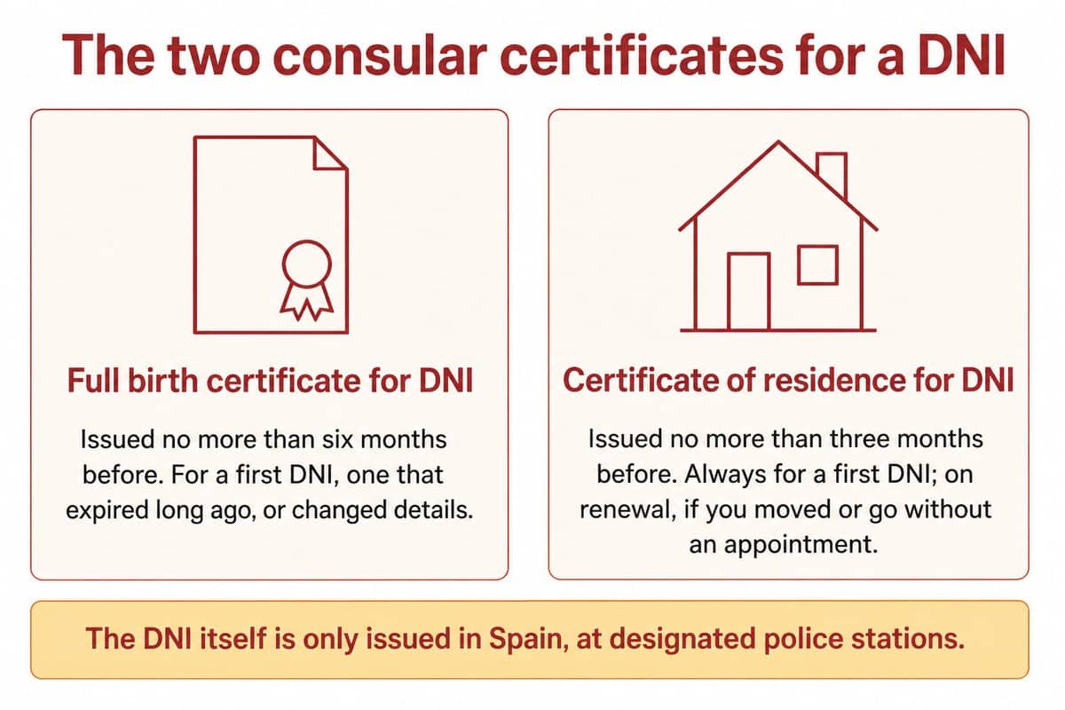 The two consular certificates for a DNI: Full birth certificate for DNI; Certificate of residence for DNI