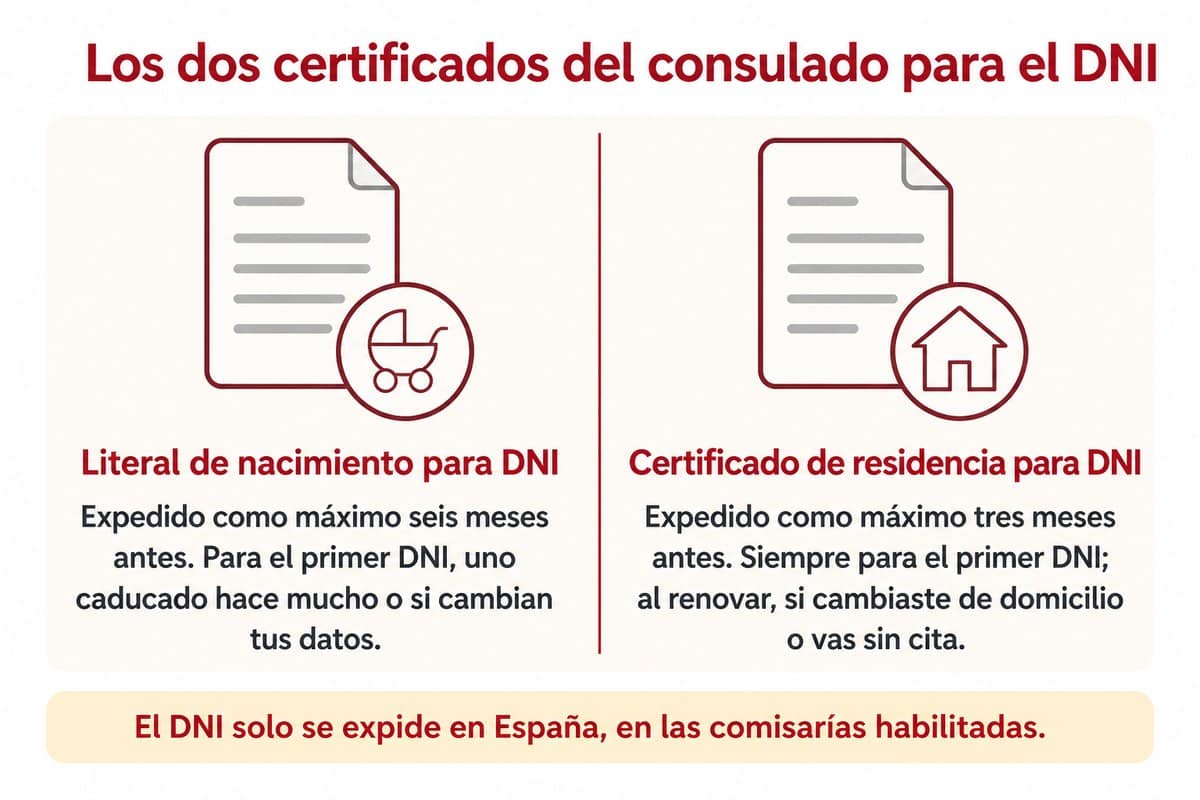 Los dos certificados del consulado para el DNI: Literal de nacimiento para DNI; Certificado de residencia para DNI