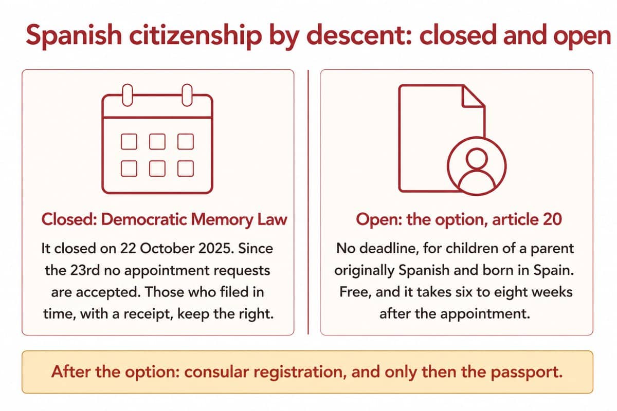 Spanish citizenship by descent: closed and open: Closed: Democratic Memory Law; Open: the option, article 20
