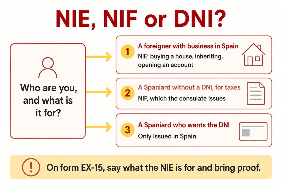 NIE, NIF or DNI: A foreigner with business in Spain; A Spaniard without a DNI, for taxes; A Spaniard who wants the DNI