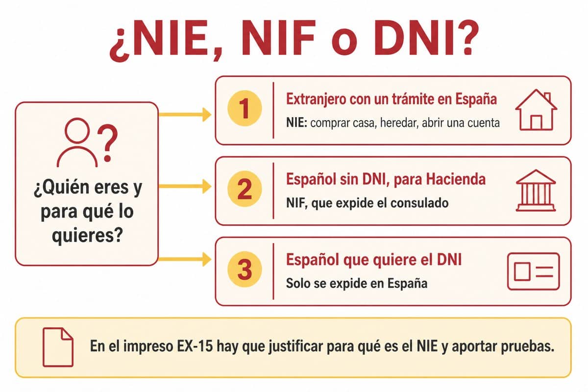 NIE, NIF o DNI: Extranjero con un trámite en España; Español sin DNI, para Hacienda; Español que quiere el DNI