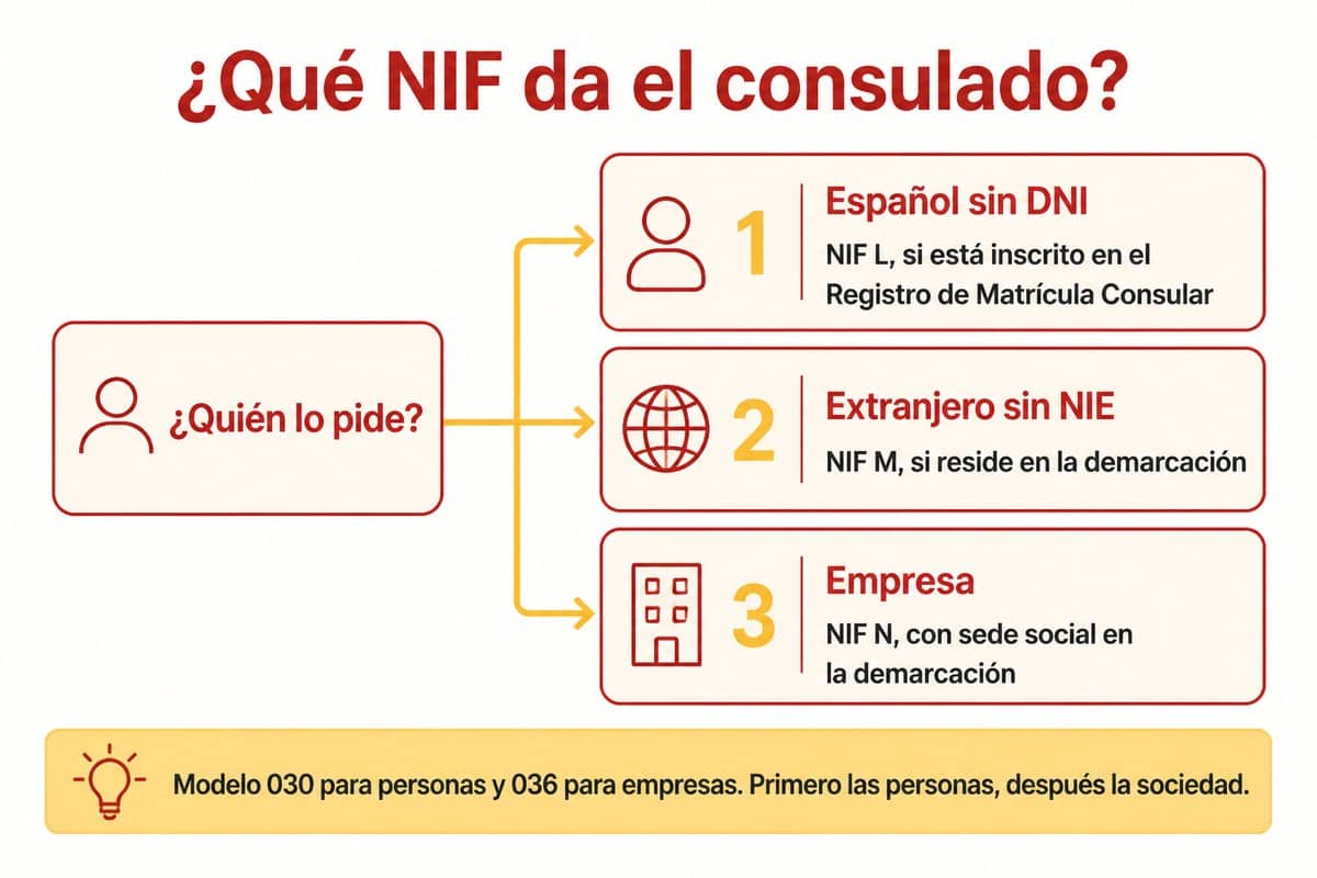 Qué NIF da el consulado: Español sin DNI; Extranjero sin NIE; Empresa