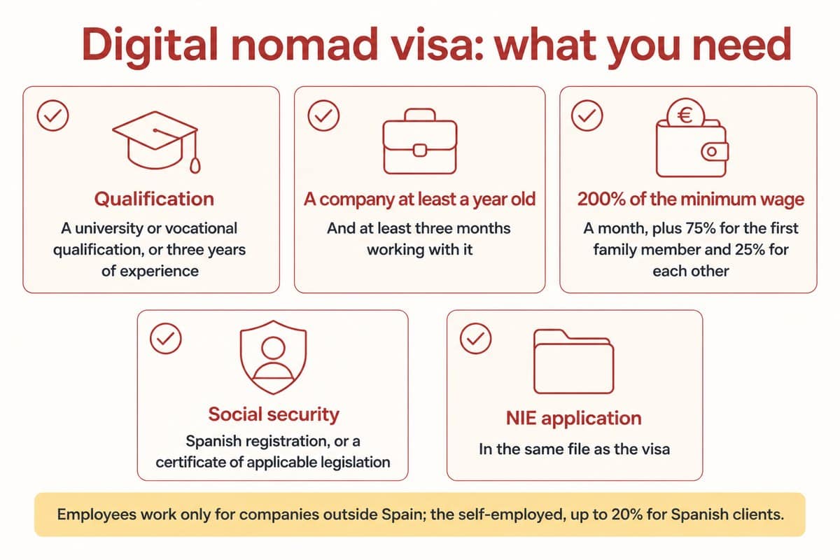 Digital nomad visa: what you need: Qualification; A company at least a year old; 200% of the minimum wage; Social security; NIE application