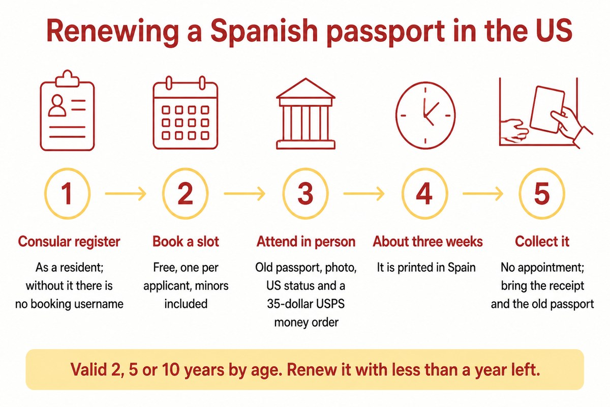 Renewing a Spanish passport in the US: Consular register; Book a slot; Attend in person; About three weeks; Collect it