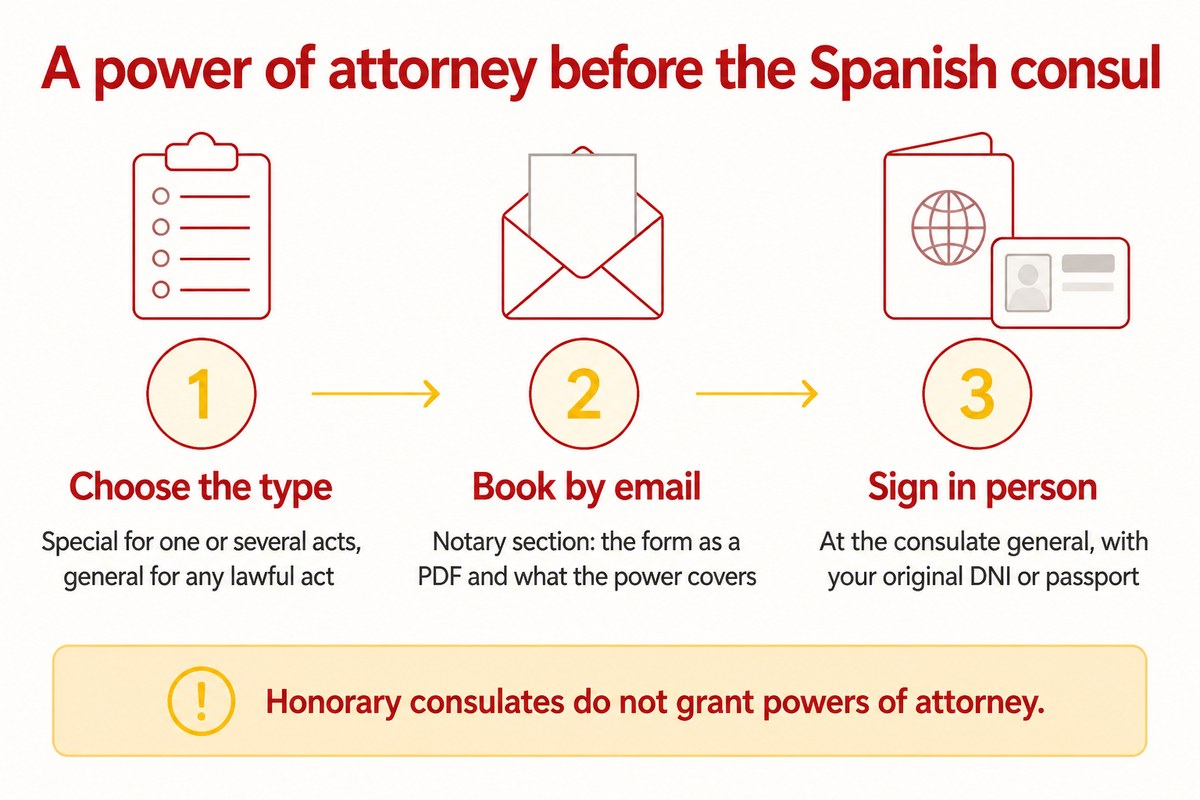 A power of attorney before the Spanish consul: Choose the type; Book by email; Sign in person