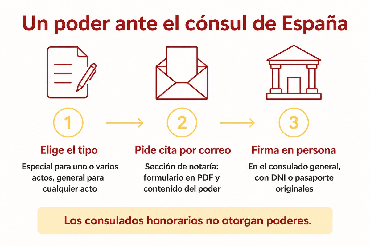 Un poder ante el cónsul de España: Elige el tipo; Pide cita por correo; Firma en persona