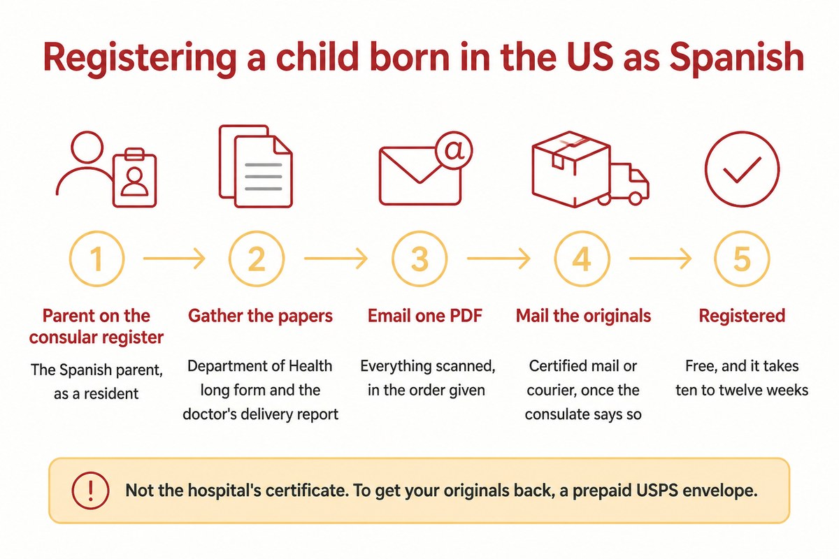 Registering a child born in the US as Spanish: Parent on the consular register; Gather the papers; Email one PDF; Mail the originals; Registered