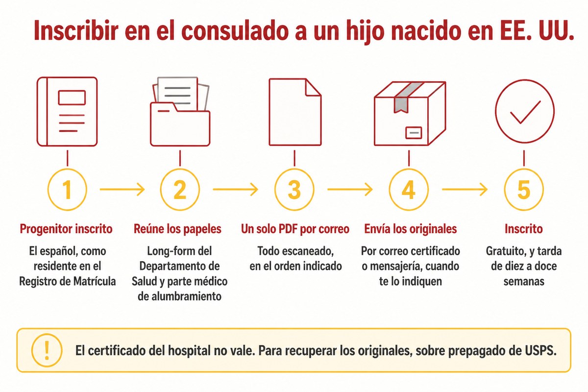 Inscribir en el consulado a un hijo nacido en EE. UU.: Progenitor inscrito; Reúne los papeles; Un solo PDF por correo; Envía los originales; Inscrito
