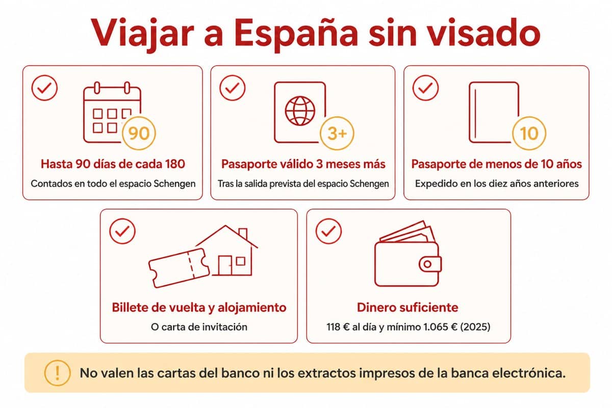 Viajar a España sin visado: Hasta 90 días de cada 180; Pasaporte válido 3 meses más; Pasaporte de menos de 10 años; Billete de vuelta y alojamiento; Dinero suficiente